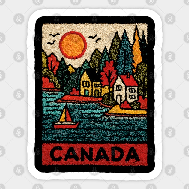 Canadian Maritime Village Linocut Print | Nova Scotia Coastal Town Sticker by TuncGK